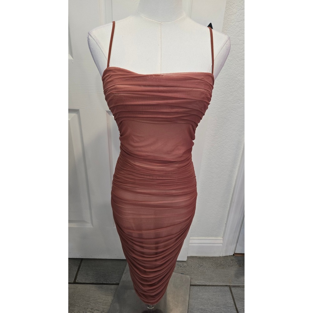 Babaton Ruched Mesh Midi Dress Terracotta Clay Bodycon Size 4